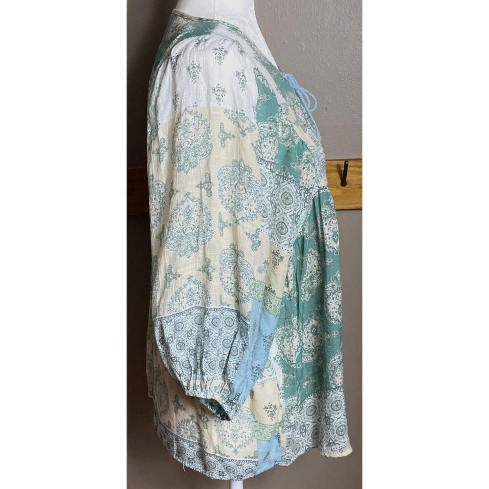Patchwork Boho Top Aqua Gauze Balloon Sleeves Ethereal Cottage Fairy Coastal S - Picture 8 of 9